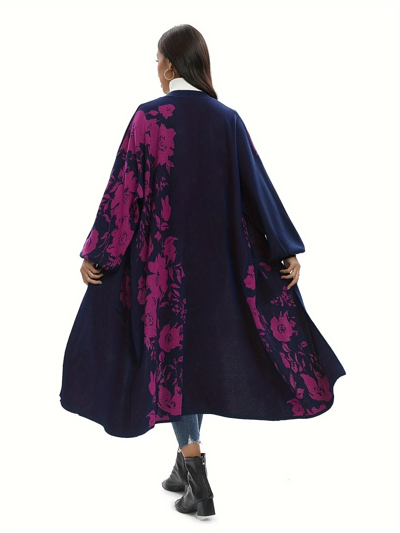 Floral Print Long Length Overcoat, Casual Open Front Long Sleeve Outerwear, Women's Clothing