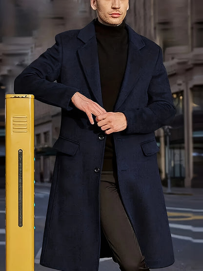 Plus Size Polyester Men's Trench Coat, Loose Fit Solid Color Overcoat with Lapel Collar and Button Details for Fall Season Woven Long Coat