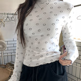 vlovelaw Smile Face Print T-Shirt, Casual Mock Neck Long Sleeve Top For Spring & Fall, Women's Clothing