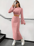 Casual Solid Plush Two-piece Skirt Set, Flare Sleeve Crop Top & Split Hem Skirt Outfits, Women's Clothing