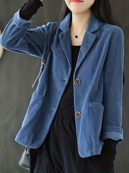 Solid Button Front Jacket, Casual Long Sleeve Pocket Front Outerwear, Women's Clothing