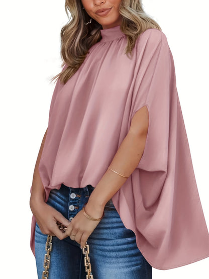 vlovelaw Solid Batwing Sleeve Blouse, Casual Ruched High Collar Loose Blouse, Women's Clothing