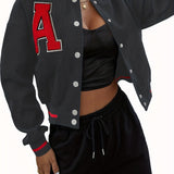 vlovelaw  Alphabets Varsity Jacket, Casual Crop Button Front Jacket, Women's Clothing