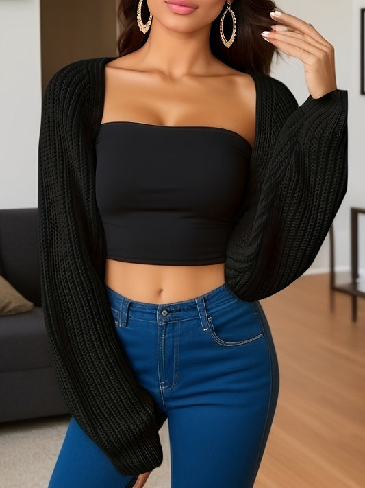 vlovelaw  Open Front Shrug Shoulder Crop Cardigan, Casual Long Sleeve Crop Cardigan, Women's Clothing