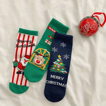 3pairs Baby Girls Kids Christmas Socks, Cartoon Santa Claus Christmas Tree Elk Snowman Cute Socks, Warm Socks For Autumn Winter, Toddlers Children's Socks