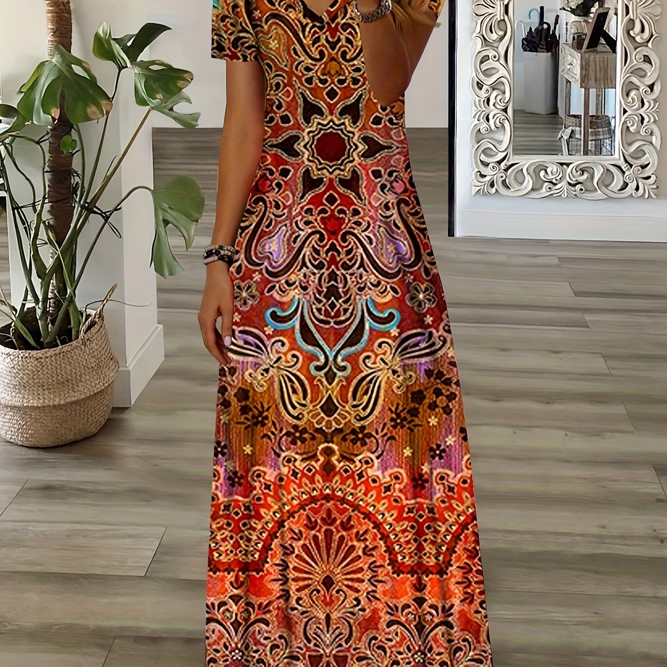 Ethnic Floral Print Dress, Boho V Neck Short Sleeve Maxi Dress, Women's Clothing