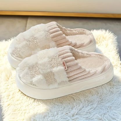 Cozy Checkered Plush Home Slippers - Soft-Sole, Winter Warmth, Quiet Indoor Comfort, Stylish Bedroom Footwear