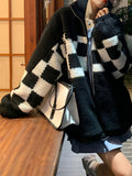 Women's Checkered Print Oversized Plush Coat, Casual Winter Jacket For Outdoors, Women's Clothing