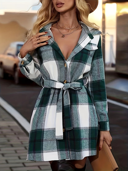 Button Plaid Tie Waist Jacket, Casual Long Sleeve Jacket For Fall & Winter, Women's Clothing