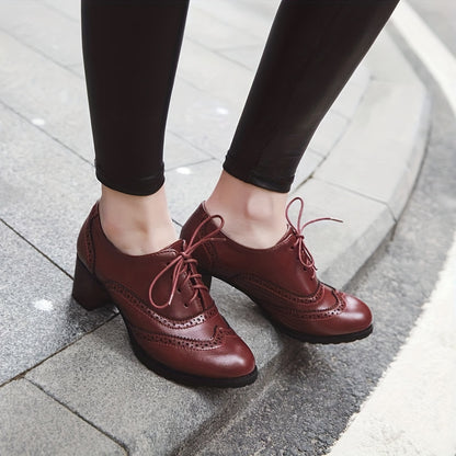 Stylish Perforated Brogues - Women's High Heel Dress Shoes - Retro Chunky Stacked Heels, Lace Up Oxfords for Beer Festival and Casual Occasions