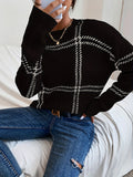 vlovelaw  Plaid Crew Neck Pullover Sweater, Casual Long Sleeve Drop Shoulder Sweater For Fall & Winter, Women's Clothing