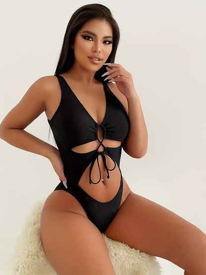 vlovelaw  Solid Color Sexy One-piece Swimsuit, V Neck Cut Out High Cut Bathing Suits, Women's Swimwear & Clothing