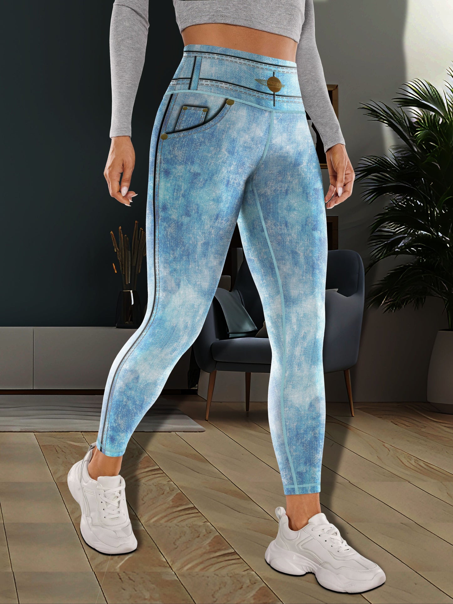 vlovelaw  Simulation Jeans Faux Denim Print Yoga Leggings, High Waist Butt Lifting Tummy Control Sports Tight Pants, Women's Activewear