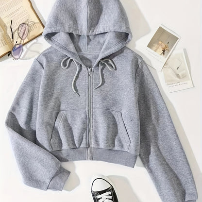 vlovelaw  Solid Drawstring Zip Up Thermal Lined Crop Hoodie Sweatshirt, Long Sleeve Pocket Front Sweatshirt, Women's Tops