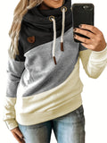 vlovelaw  Plus Size Casual Sweatshirt, Women's Plus Colorblock Long Sleeve Hooded Drawstring Slight Stretch Sweatshirt