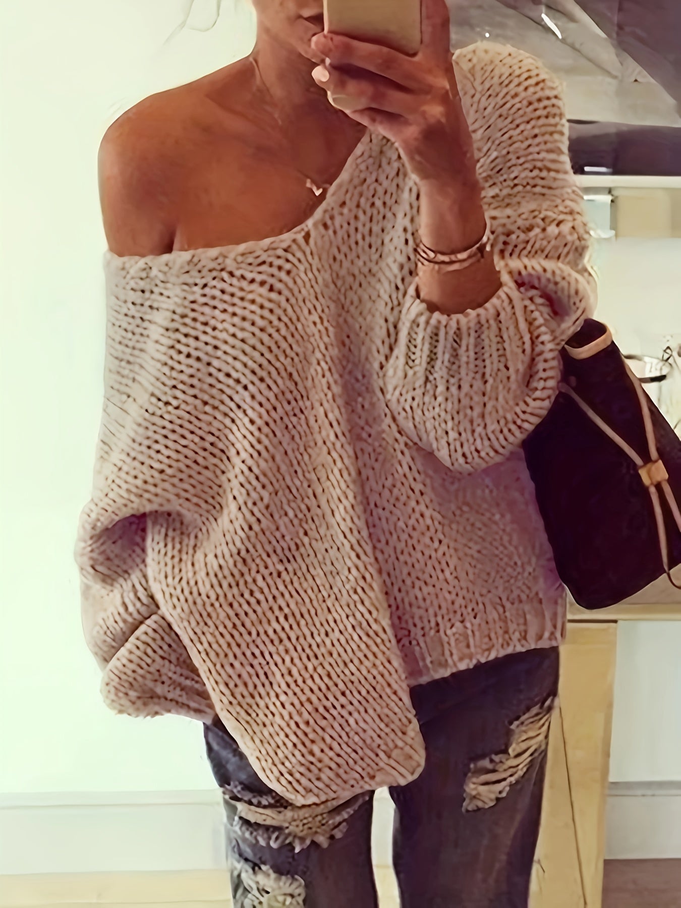 Solid V Neck Knitted Top, Casual Long Sleeve Pullover Sweater For Spring & Fall, Women's Clothing