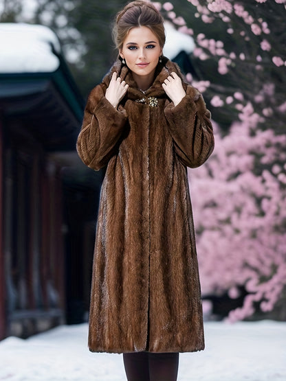 vlovelaw  Open Front Faux Fur Hooded Coat, Elegant Thermal Long Sleeve Midi Coat For Winter, Women's Clothing