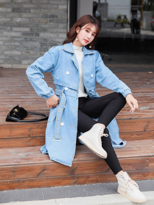 Blue Loose Fit Long Denim Jackets, Long Sleeves Non-Stretch With Waistband Lapel Denim Coats, Women's Denim Clothing