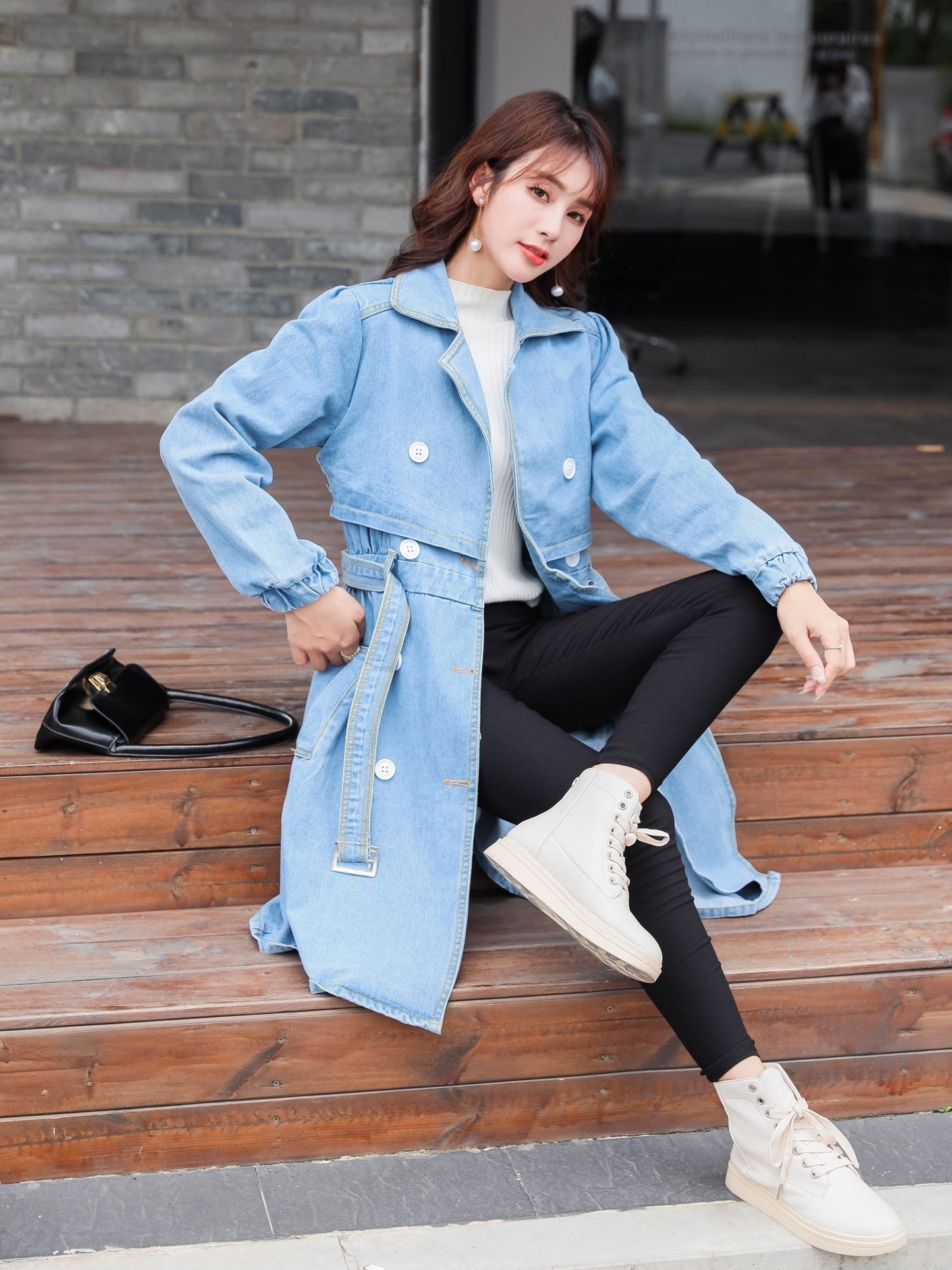 vlovelaw  Blue Loose Fit Long Denim Jackets, Long Sleeves Non-Stretch With Waistband Lapel Denim Coats, Women's Denim Clothing