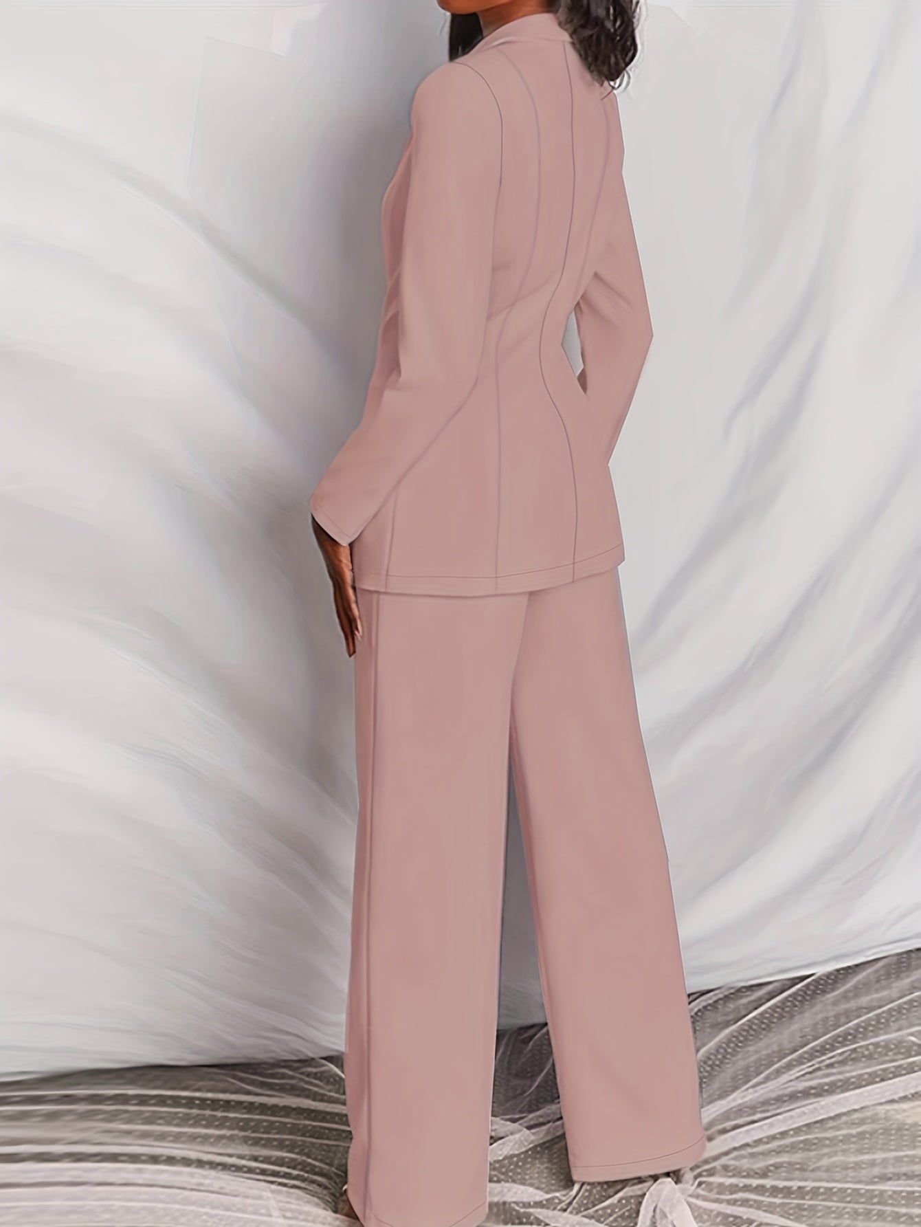 vlovelaw Plus Size Casual Suit Set, Women's Plus Solid Long Sleeve Single Breast Button Lapel Collar Suit Coat & Wide Leg Pants Suit Two Piece Set