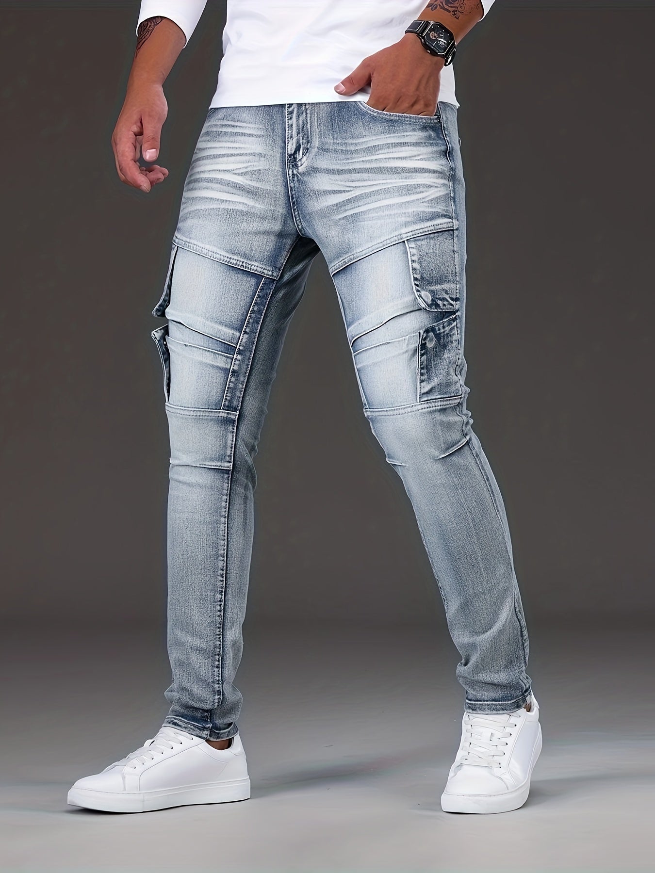 vlovelawSlim Fit Biker Jeans, Men's Casual Street Style Distressed Medium Stretch Denim Pants