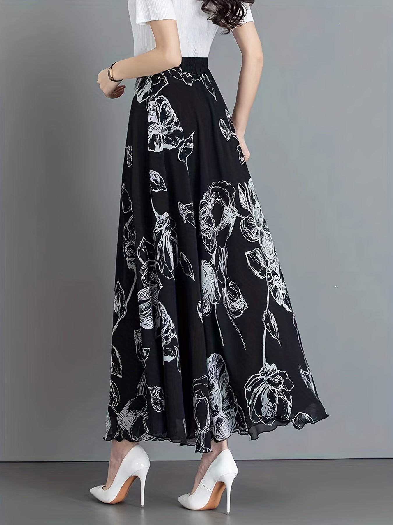 Floral Print High Waist Skirt, Elegant Swing Skirt For Spring & Fall, Women's Clothing