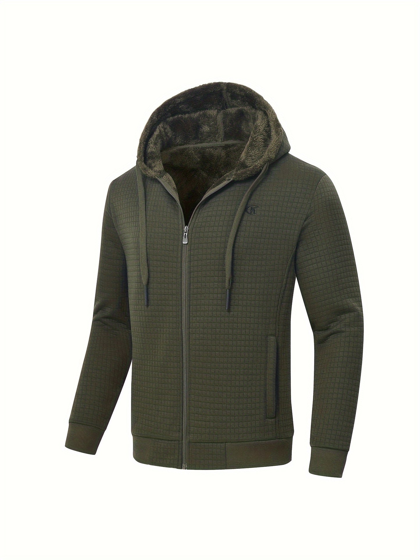 Men's Plus Size Waffle Knit Hooded Fleece Jacket, Casual Long Sleeve Zipper Hoodie With Inner Pockets