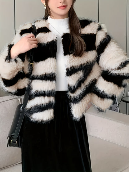 vlovelaw  Color Block Faux Fur Coat, Casual Open Front Long Sleeve Fall & Winter Warm Outerwear, Women's Clothing