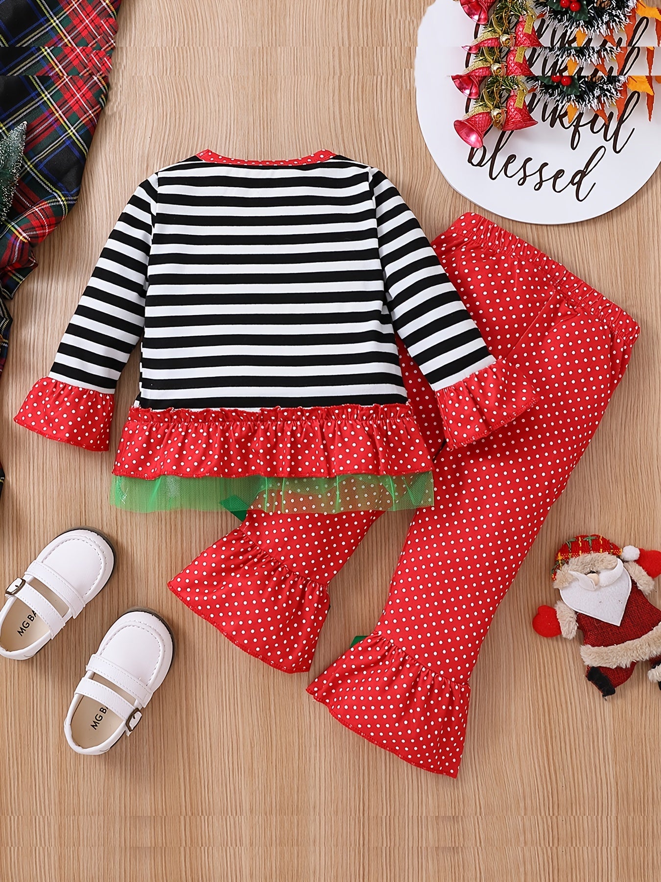 Kids Christmas Set Baby Girls Striped Santa Claus Embroidery Flare Sleeve Top Polka Dot Bow Flared Pants Outdoor Set