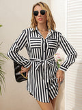 vlovelaw  Striped Print Long Length Shirt, Elegant Button Front Long Sleeve Shirt, Women's Clothing