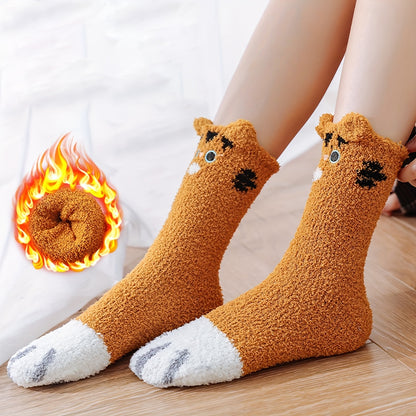 A Pair Of Girl's Cat Paw Pattern Embroidered Crew Socks, Comfy Breathable Casual Fleece Thermal Socks, Winter & Autumn