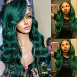 13*4 Inch Premium Lace Front Wigs for Women - Vibrant Green Hair with Black Roots, Loose Curly Body Wave, Heat Resistant, 180% Density, Pre-Plucked with Baby Hair, Natural Looking, Daily Wear, Vacation Style