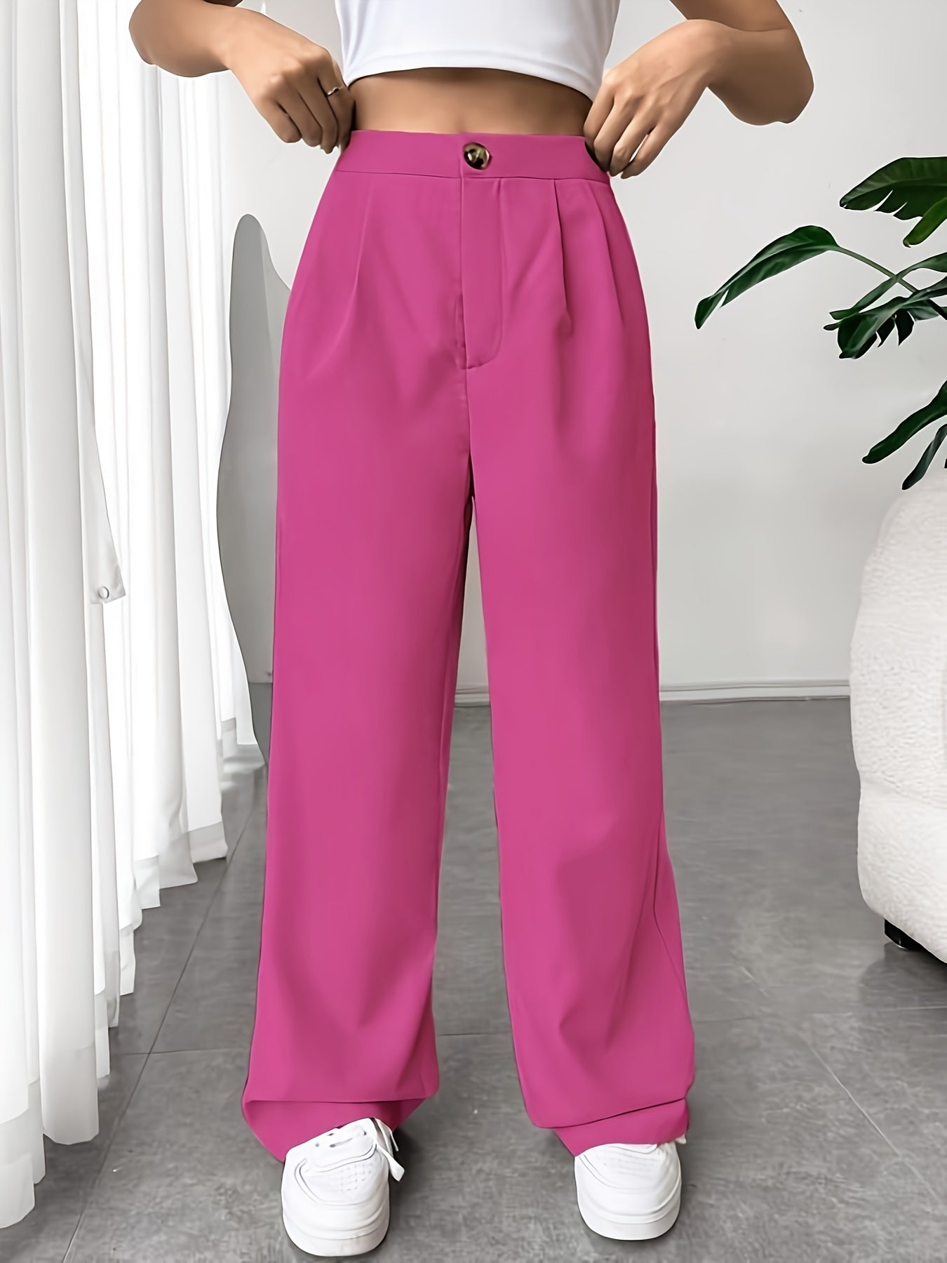 Solid Pleated Wide Leg Pants, Elegant High Waist Long Length Pants, Women's Clothing