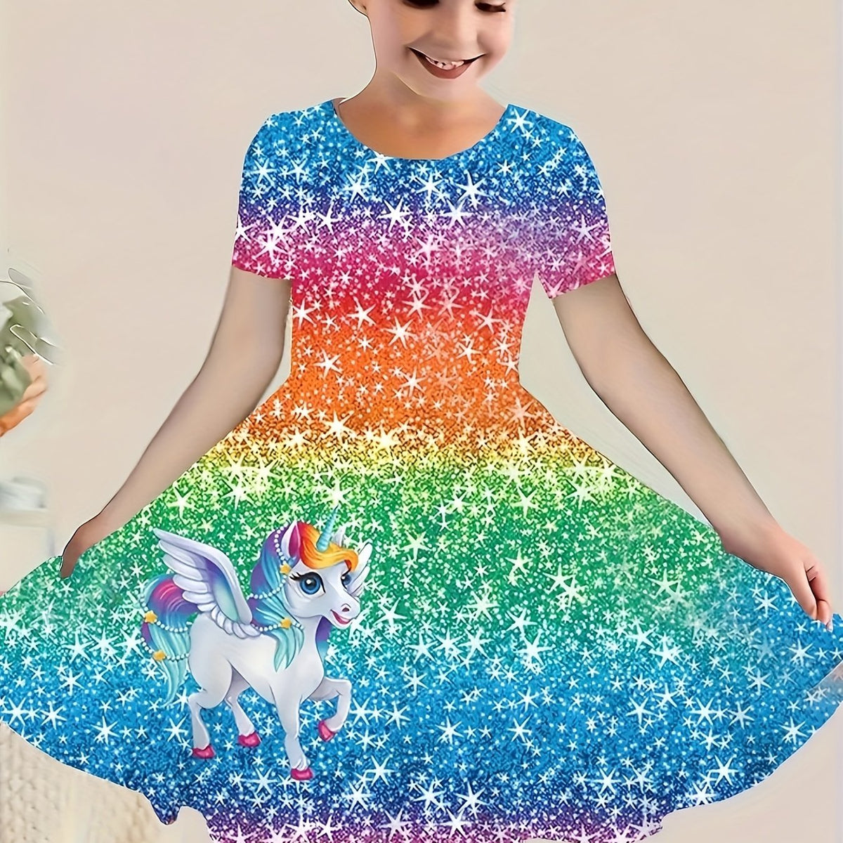 Glittering Girls Unicorn Dress - Sparkling 3D Sequin Print, Crew Neck, Short Sleeves - Perfect Summer Fashion for Dreamy Adventures!