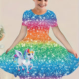 Glittering Girls Unicorn Dress - Sparkling 3D Sequin Print, Crew Neck, Short Sleeves - Perfect Summer Fashion for Dreamy Adventures!