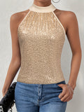 vlovelaw  Sequined Tie Back Halter Top, Elegant Sleeveless Top For Summer, Women's Clothing