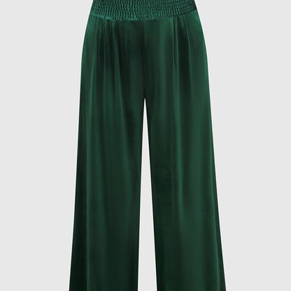 vlovelaw  Plus Size Casual Pants, Women's Plus Solid Velvet Shirred Waist High Rise Wide Leg Trousers