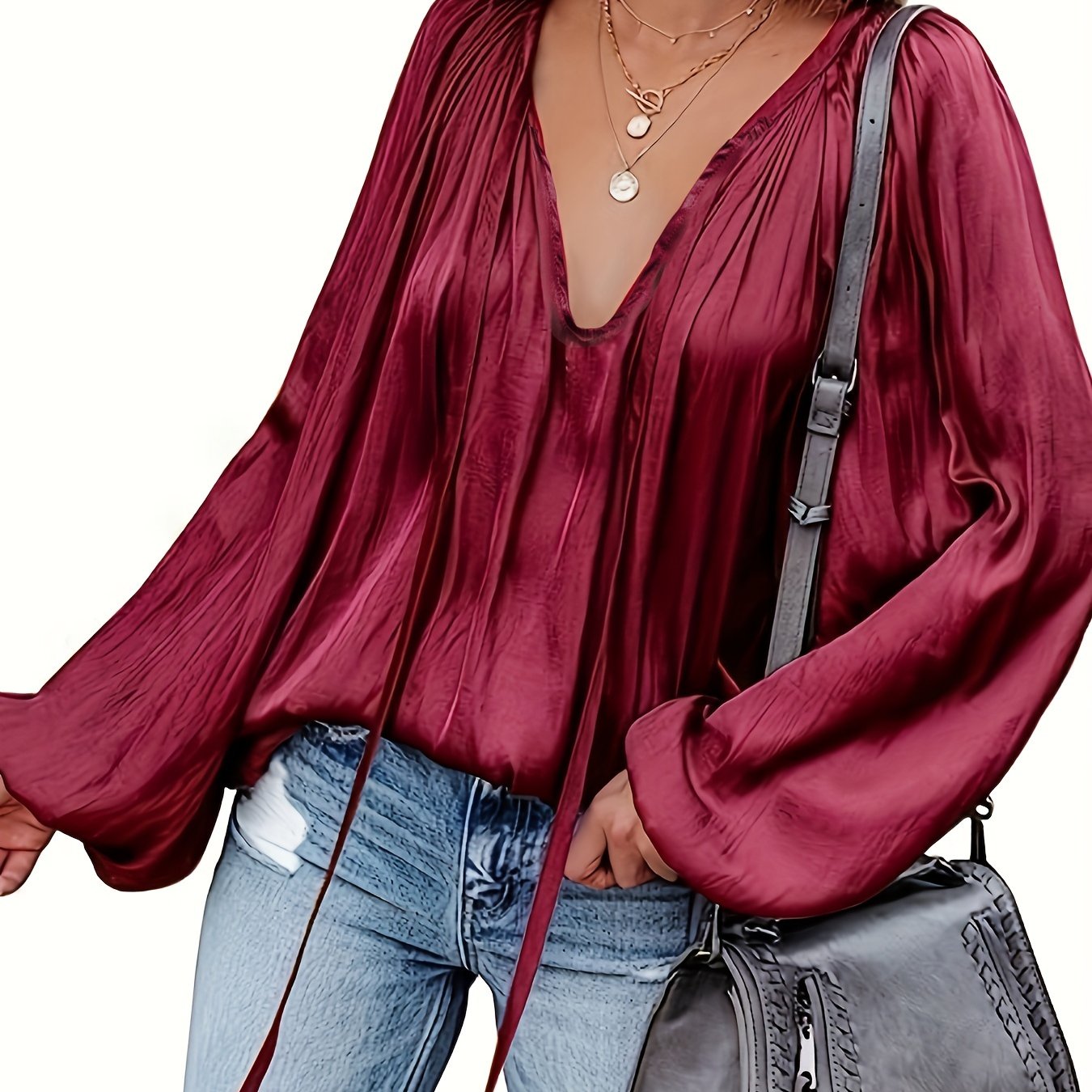 Solid Tie Neck Pleated Blouse, Casual Long Sleeve Blouse For Spring & Fall, Women's Clothing