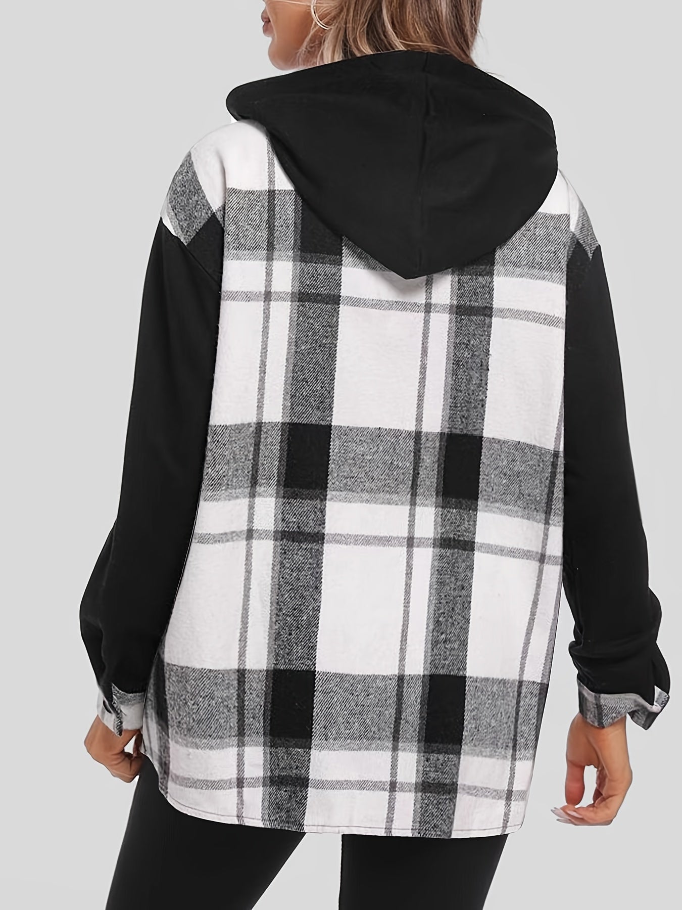 vlovelaw Plaid Print Hooded Jacket, Casual Button Front Long Sleeve Outerwear, Women's Clothing