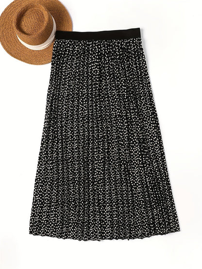 Plus Size Casual Skirt, Women's Plus Dot Print High Rise Slight Stretch Maxi Skirt