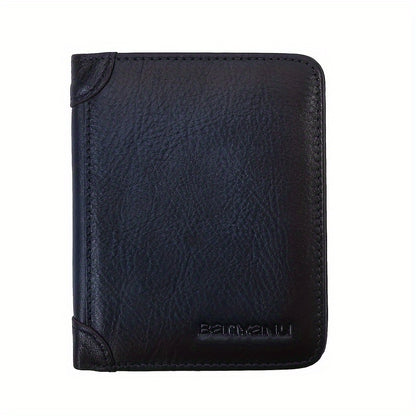 Three-Fold Genuine Leather Mens Wallet - Spacious Card Holder, Durable Top Layer Cowhide, Simple Solid Color Design, Ideal Gift for Men