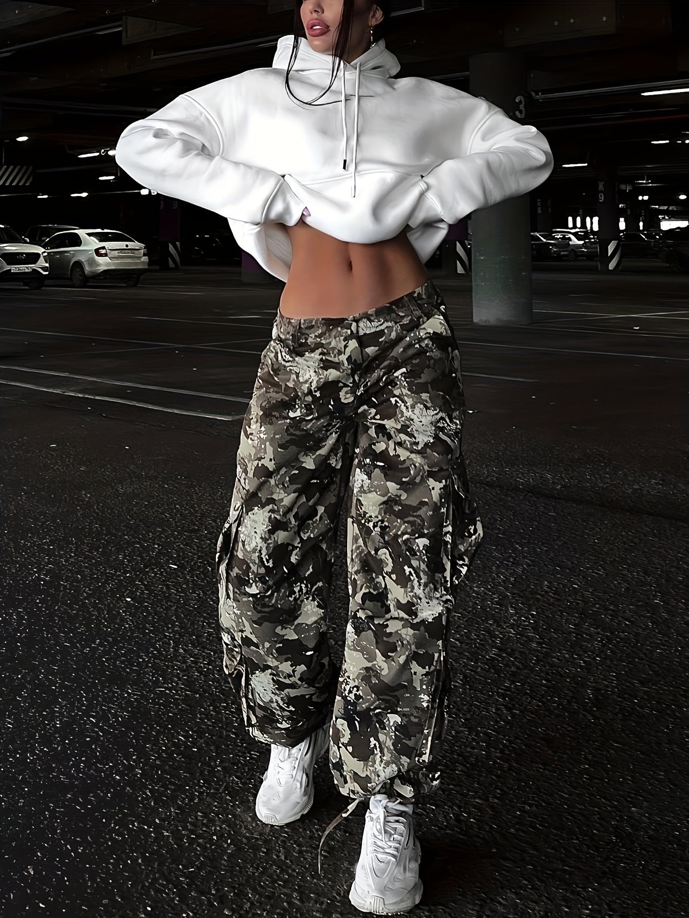 vlovelaw  Camo Print Elastic Waist Pants, Casual Cargo Pants, Women's Clothing