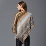 vlovelaw Boho Wavy Striped Knitted Shawl Vintage Tassel Pullover Poncho Autumn Winter Windproof Loose Elastic Cloak