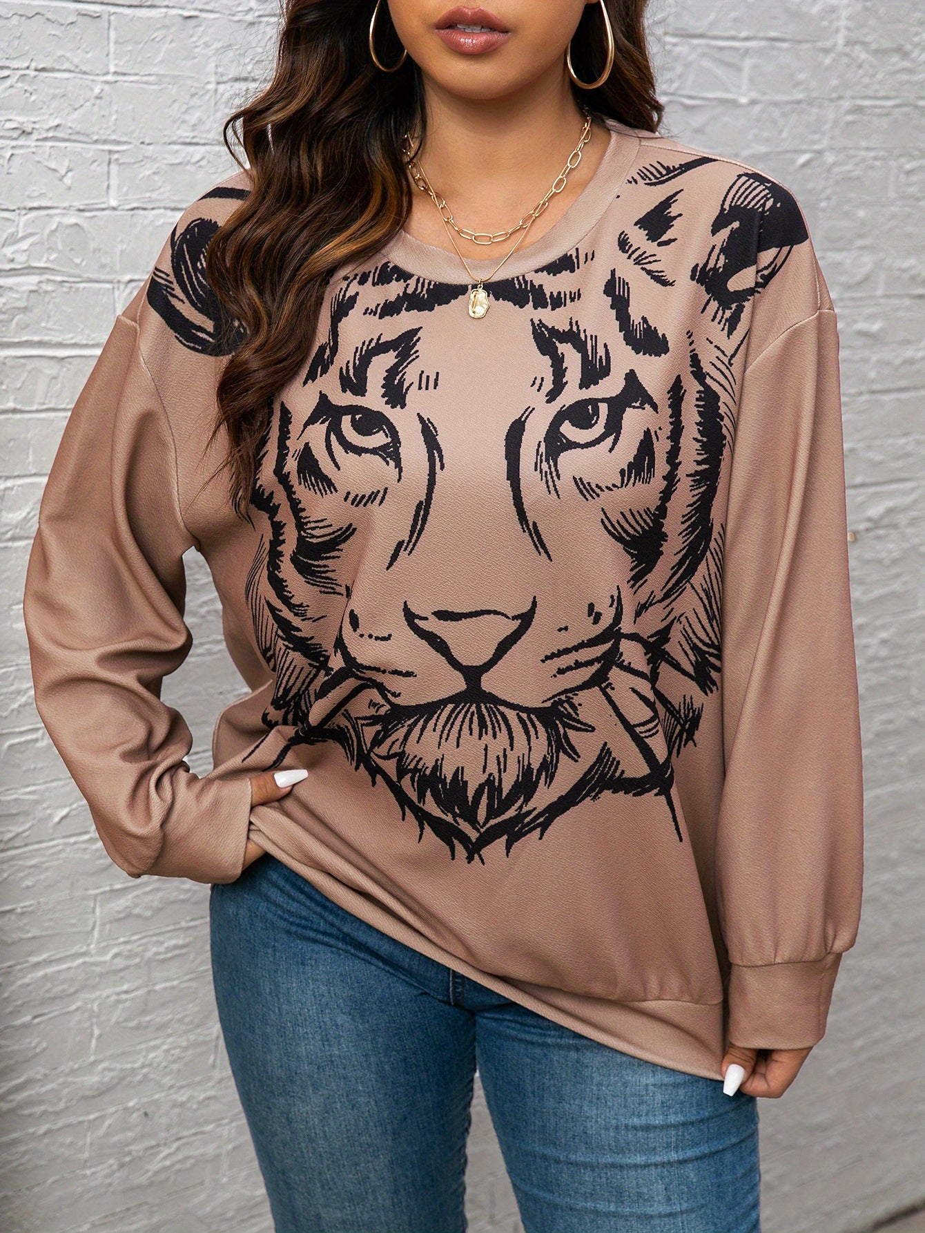 vlovelaw Plus Size Casual Sweatshirt, Women's Plus Tiger Print Long Sleeve Round Neck Medium Stretch Pullover Top