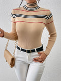 vlovelaw  Striped Turtle Neck Pullover Sweater, Casual Long Sleeve Slim Sweater For Fall & Winter, Women's Clothing