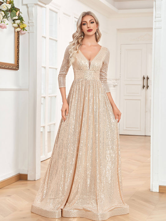 vlovelaw  High Waist Sequined Maxi Dress, V Neck Gown Dress For Bridesmaid, Cocktail Party, Women's Clothing