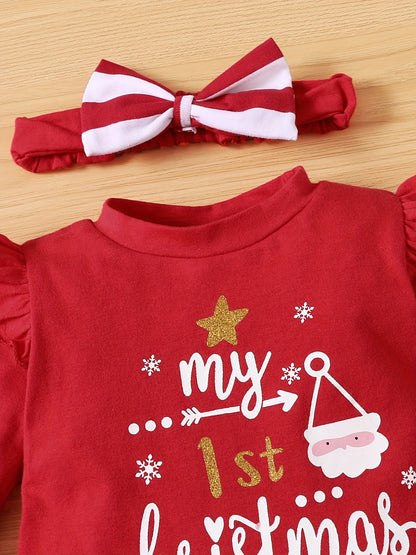 My 1st Christmas Baby Girl's Outfit, Ruffle Santa Claus Print Tunic Dress Shirt & Striped Pants Set