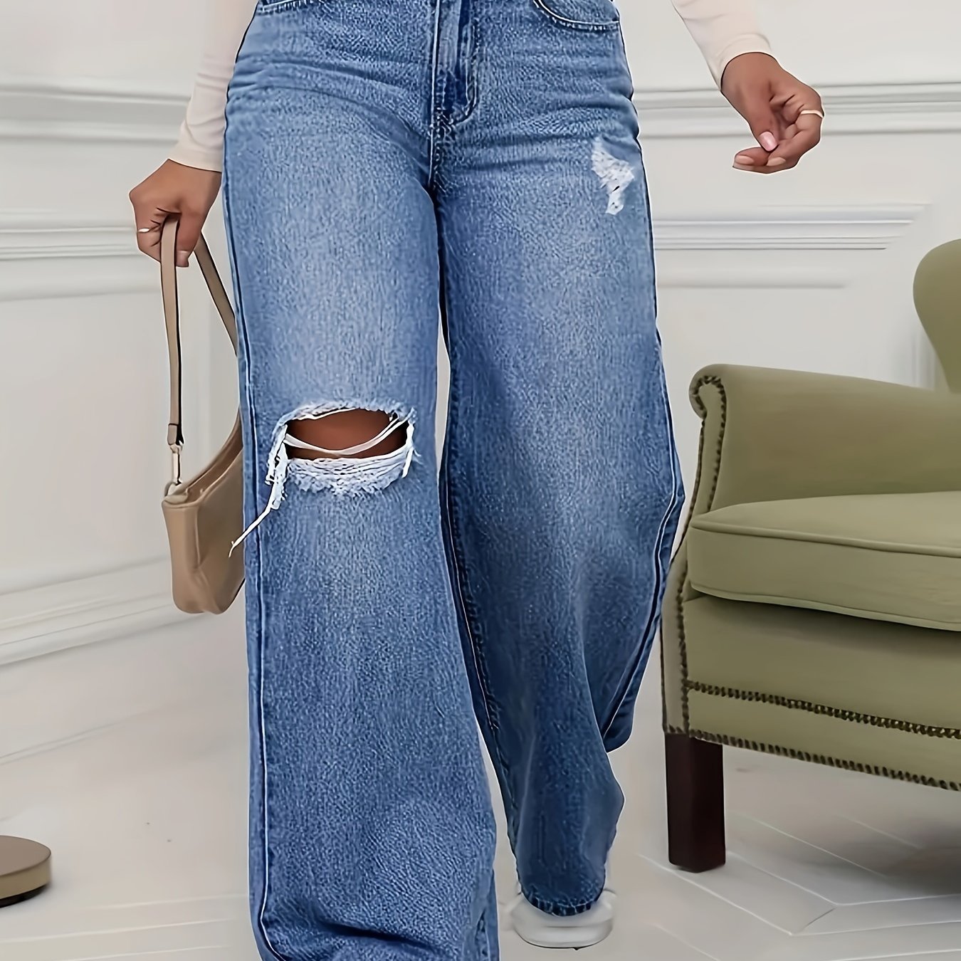 Loose Ripped Holes Wide Leg Jeans, Distressed Loose Denim Pants With Slant Pocket, Women's Denim Jeans & Clothing