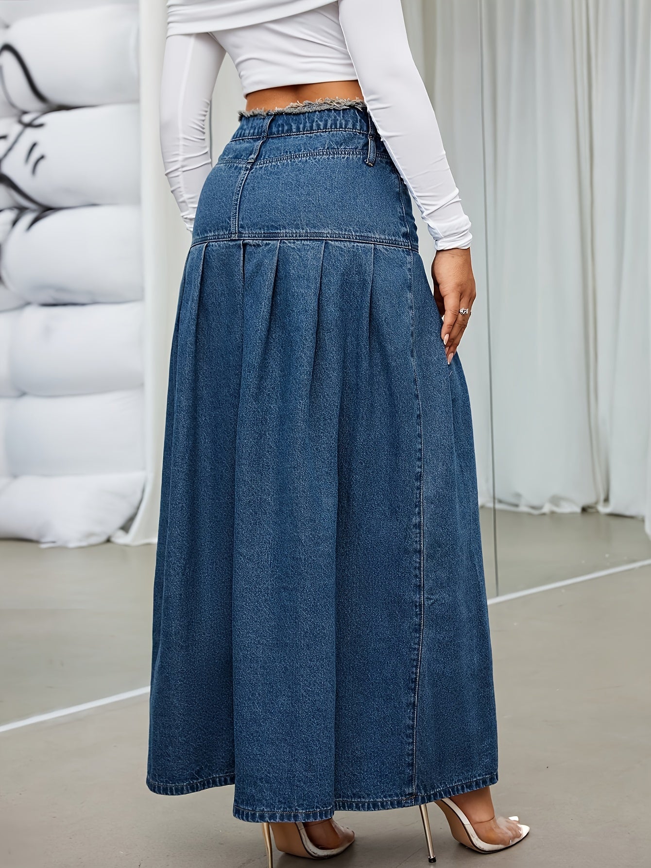 vlovelaw  Raw Trim Waist Denim Mixi Skirt, High Waist A-Line Pleated Denim Skirt, Women's Denim Clothing