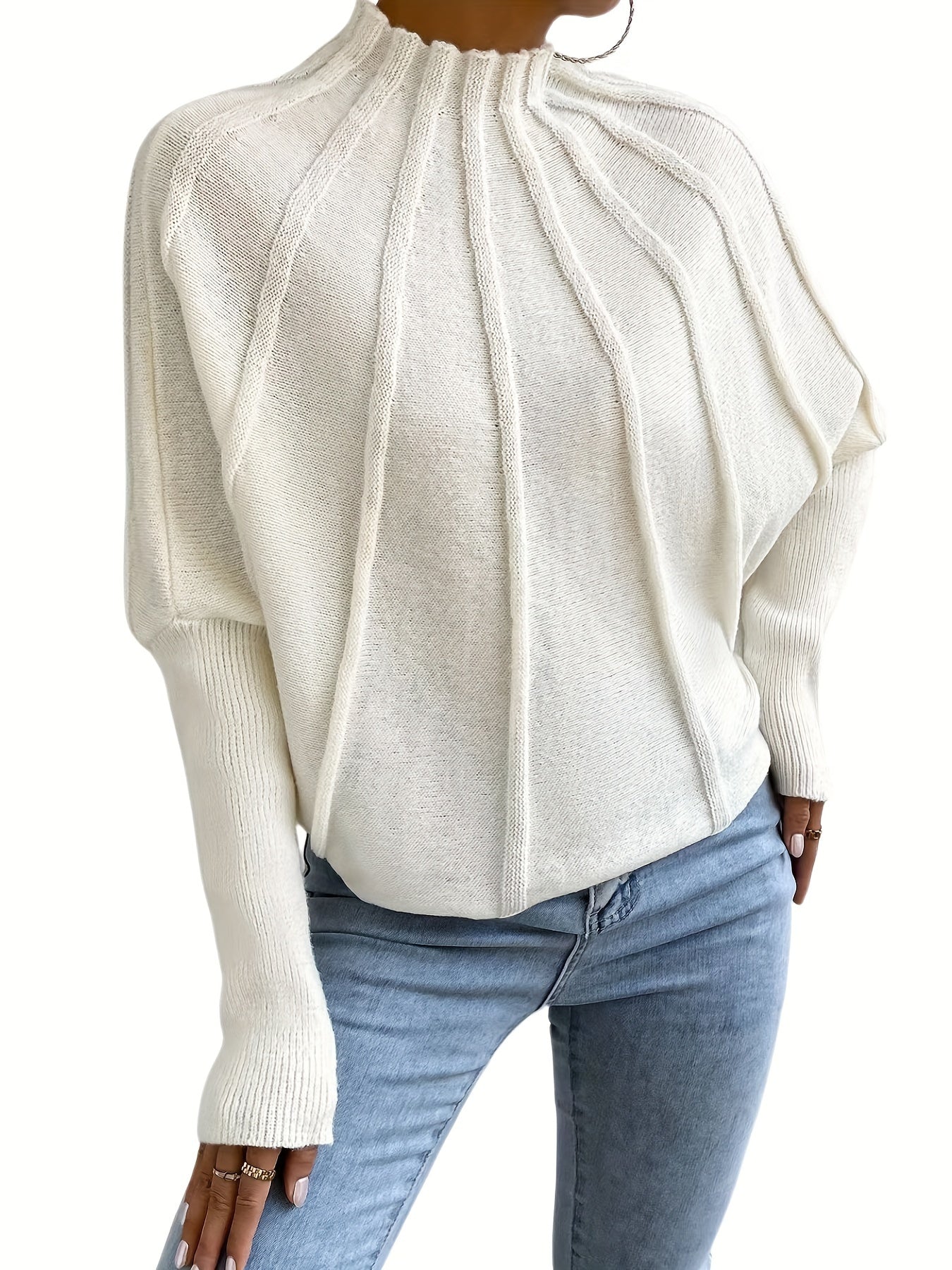 vlovelaw  Solid Mock Neck Pullover Sweater, Elegant Batwing Sleeve Stylish Sweater, Women's Clothing